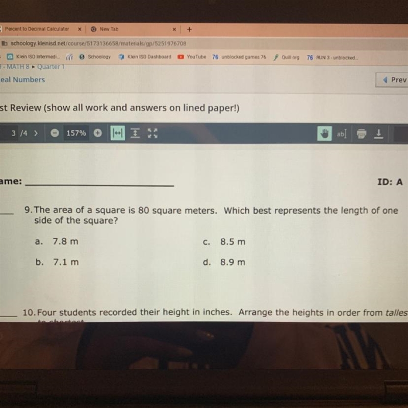 . The area of a square is 80 square meters. Which best represents the length of one-example-1