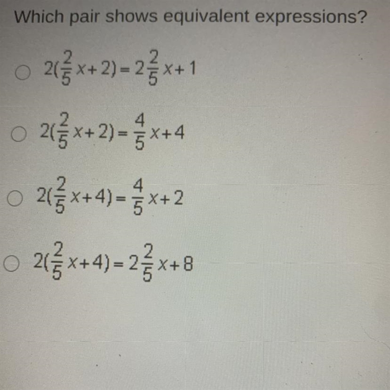 Which pair shows equivalent expressions?2(3x+ 2) = 23 x+1 21ę x+ 2) = x+4 2c 21= x-example-1