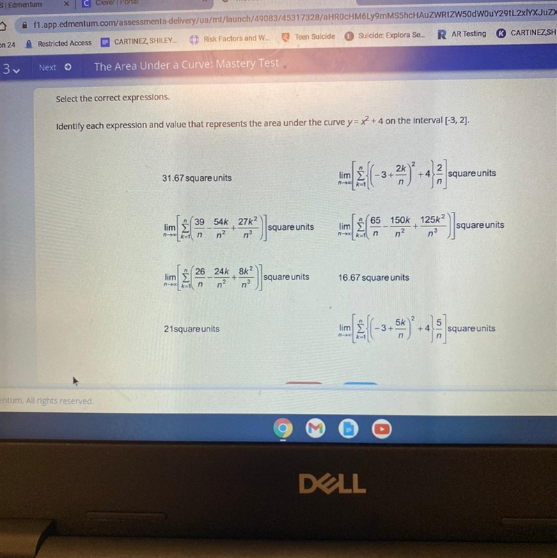 Identify each expression and value that represents the area under the curve y= x^2+4 on-example-1