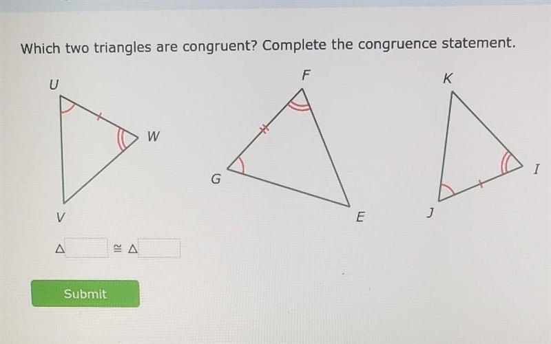 Which two triangles are congruent? Complete the congruence statement. ​-example-1