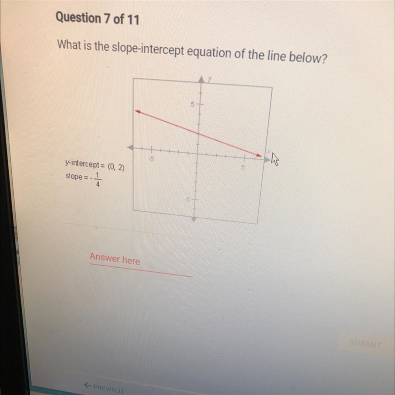 What is the slope-intercept equation of the line below? y-intercept=(0,2) slop=-1/4-example-1