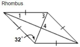 HELPPP!! Find the missing angles in the following RHOMBUS. * please enter: 1: _____, 3: _____, 4: ________-example-1