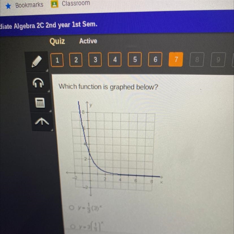 A. Y = 1/3(3)^x B. Y= 3(1/3)^x C. Y= (1/2)^x +2 D. Y=(2)^x - 1-example-1