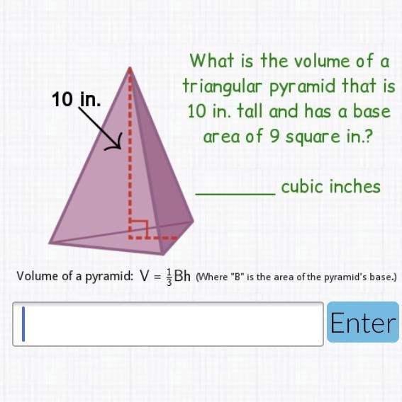 What is the volume of a triangular pyramid that is 10 in. tall and has a base area-example-1