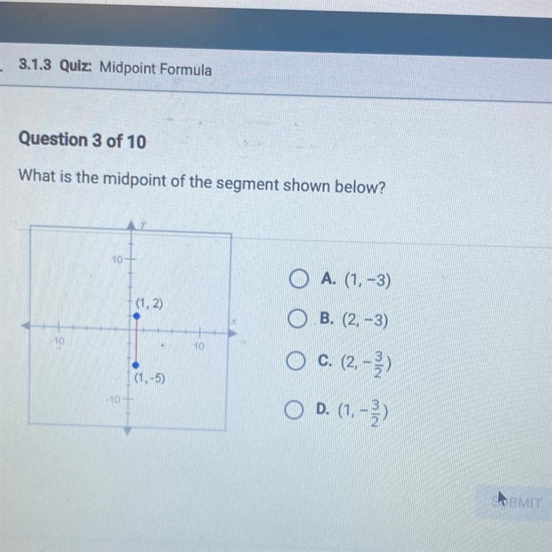 What is the midpoint of the segment shown below? 10 - O A. (1,-3) -(1,2 B. (2,-3) 10 10 O-example-1