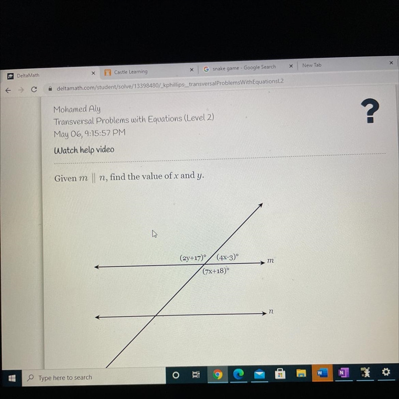 Given m | n, find the value of x and y. m (2y+17) (4x-3)° (7x+18)° n-example-1