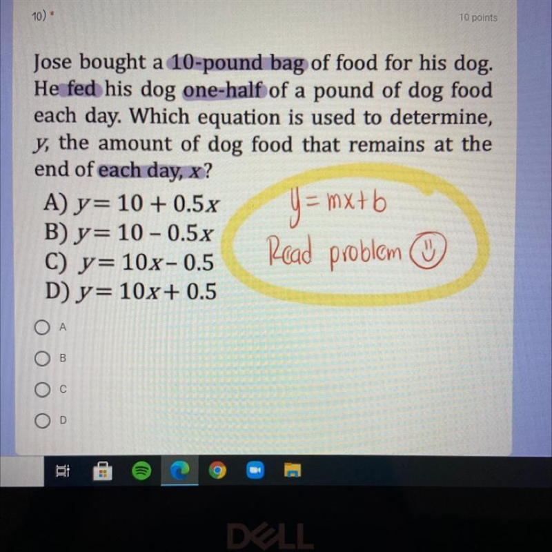 Jose bought a 10-pound bag of food for his dog. He fed his dog one-half of a pound-example-1