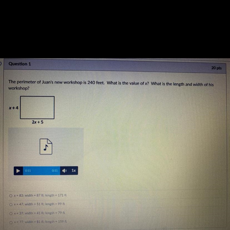 The perimeter of Juan's new workshop is 240 feet. What is the value of x? What is-example-1