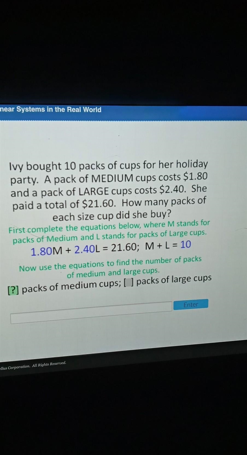 Ivy bought 10 packs of cups for her holiday party. A pack of MEDIUM cups costs $1.80 and-example-1