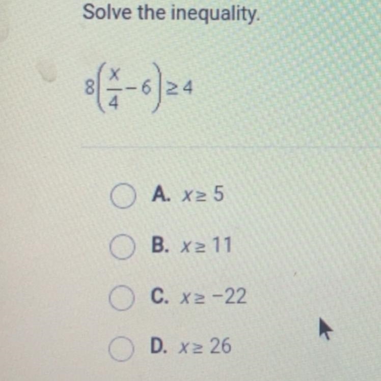 Solve the inequality 8(x/4 - 6) >_ 4-example-1