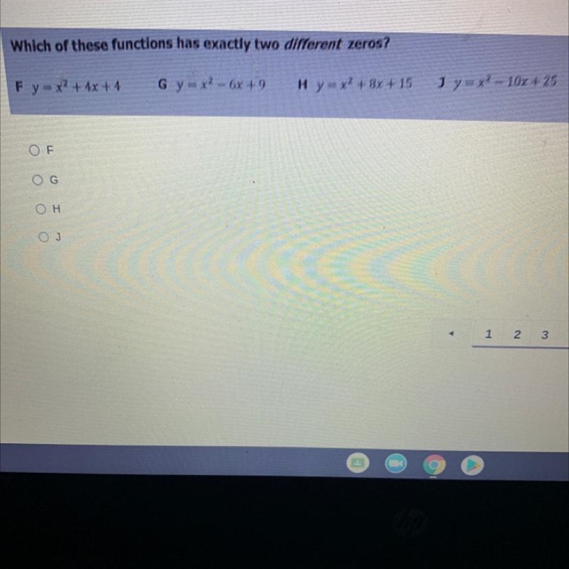 Which of these functions has exactly two different zeros? Please help-example-1