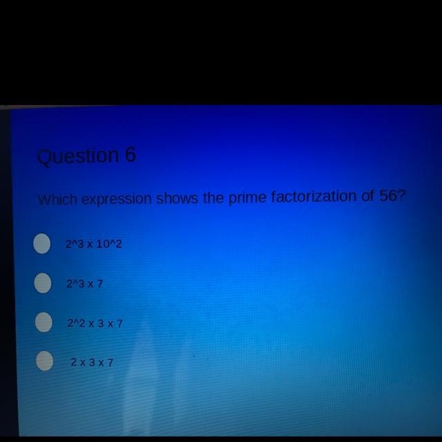 Which expression shows the prime factorization of 56?-example-1