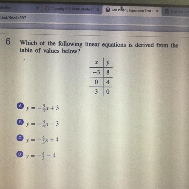 HELPP ME PLEASE Which of the following linear equations is derived from the table-example-1