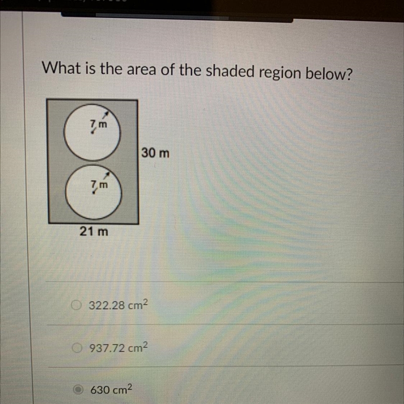 What is the area of the shaded region below? 7 m 30 m 7 m 21 m-example-1