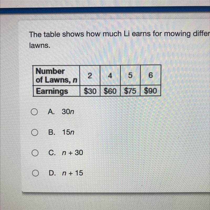 The table shows how much Li earns for moving different numbers of lawns. Write an-example-1