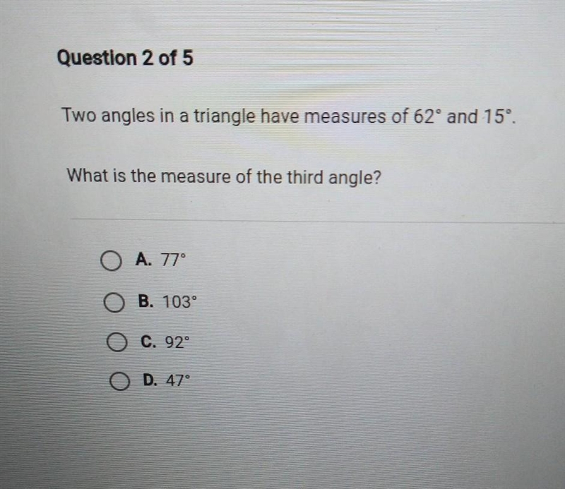 Two angles in a triangle have measures of 62° and 15º.What is the measure of the third-example-1