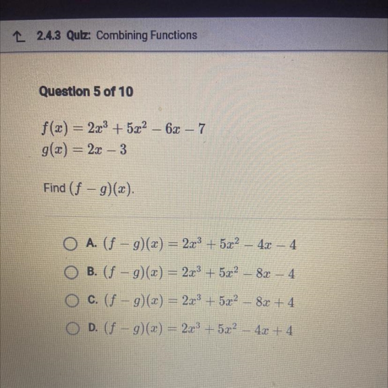 F(x) = 2x^3 + 5x^2 -6x-7 g(x) = 2x-3 find (f - g) (x)-example-1