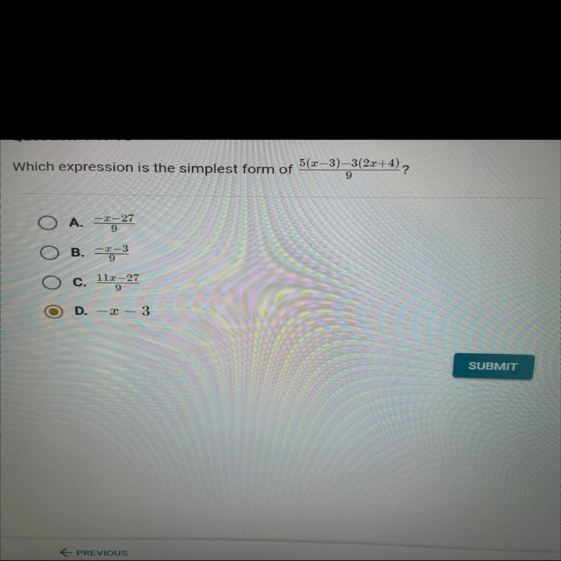 Which expression is the simplest form of 5(x-3)-3(2x+4)-example-1