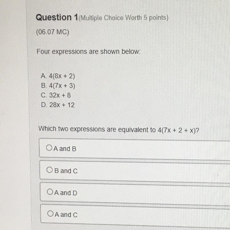 Which two equivalent to 4(7x + 2 + x)?-example-1