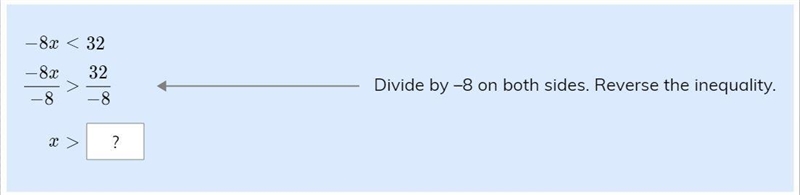 Solve the inequality -8x < 32-example-1