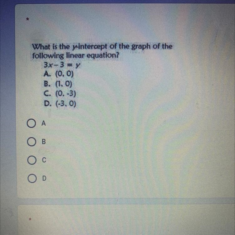 What is the Y intercept of the graph of the following linear equation 3X -3 equals-example-1