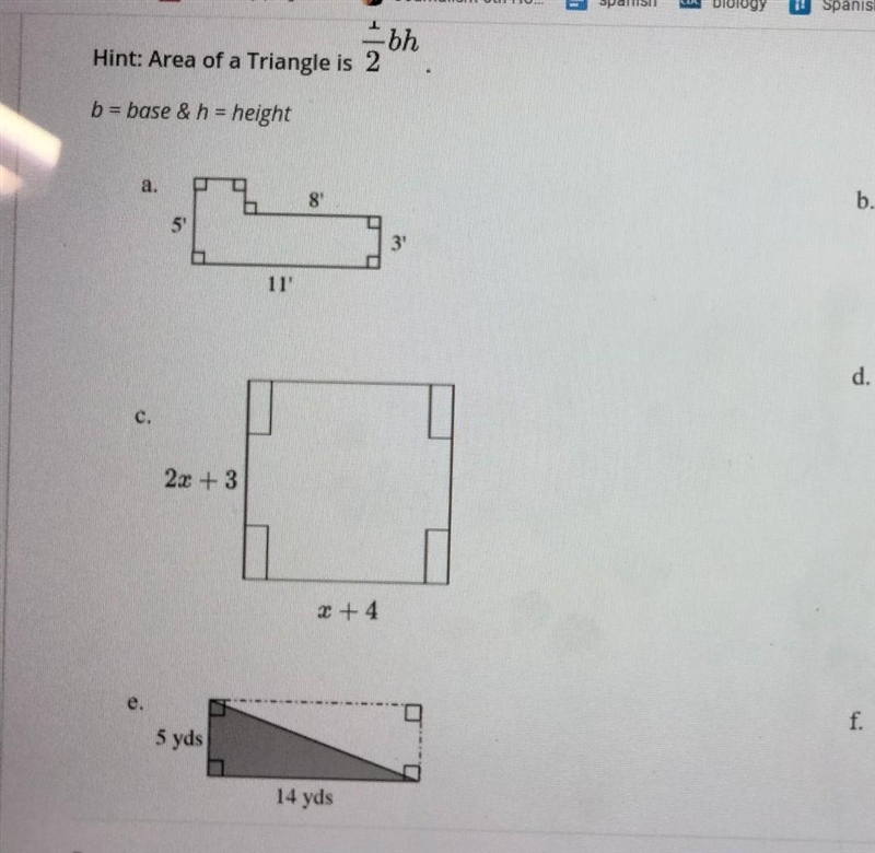 Find the area for each of the given shapes below. If a shape has shading, find the-example-1