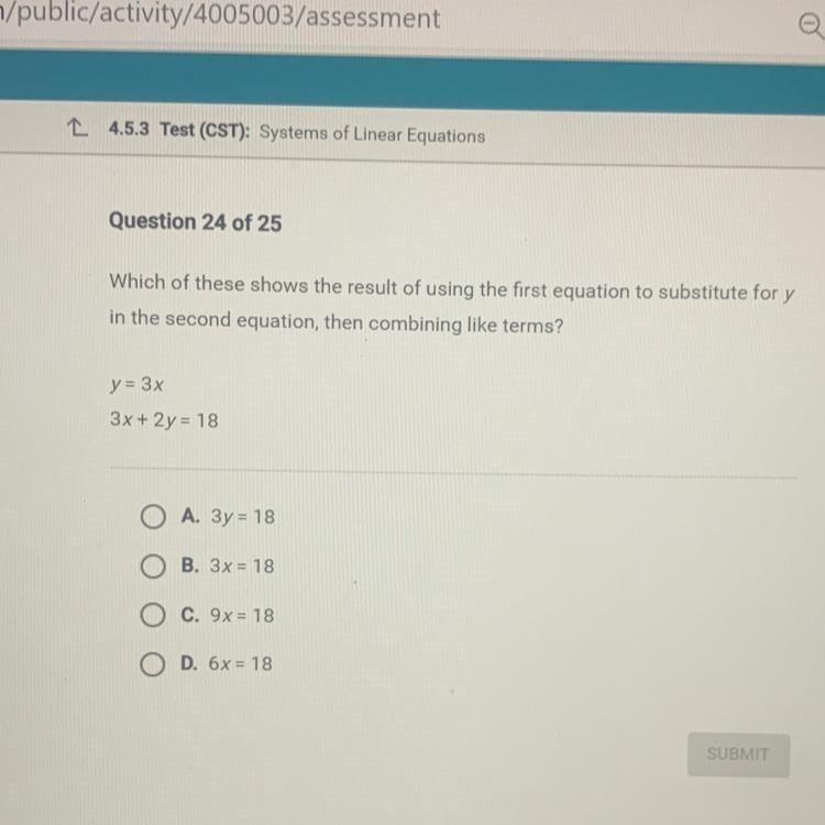 Question 24 of 25 Which of these shows the result of using the first equation to substitute-example-1