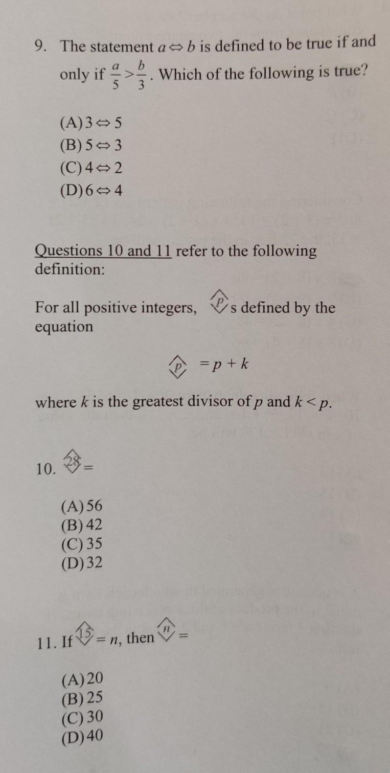 The statement a (a symbol) b defined to be true if and if a/5>b/3 Which of the-example-1