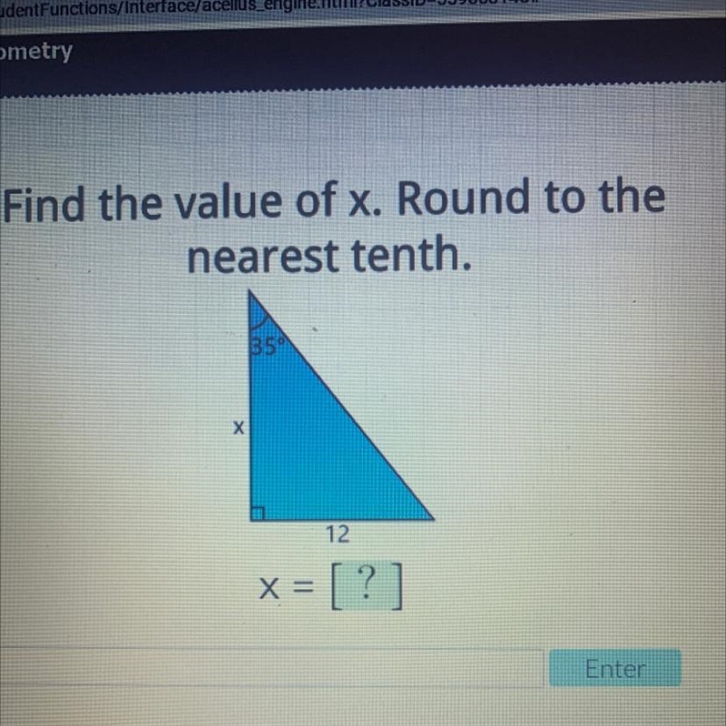 Help asap IS Find the value of x. Round to the nearest tenth. 35 х 12 X= = [ ?]-example-1