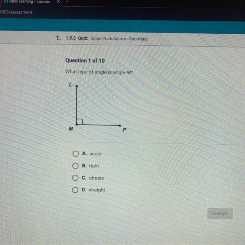 Question 1 of 10 What type of angle is angle M?-example-1