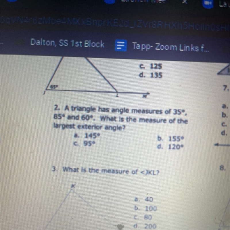 Triangle has an angle measures of 35° 85° and 60° what is the measure of the largest-example-1