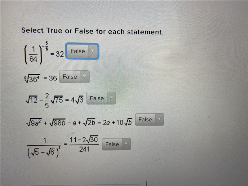 Select true or false for each statement-example-1