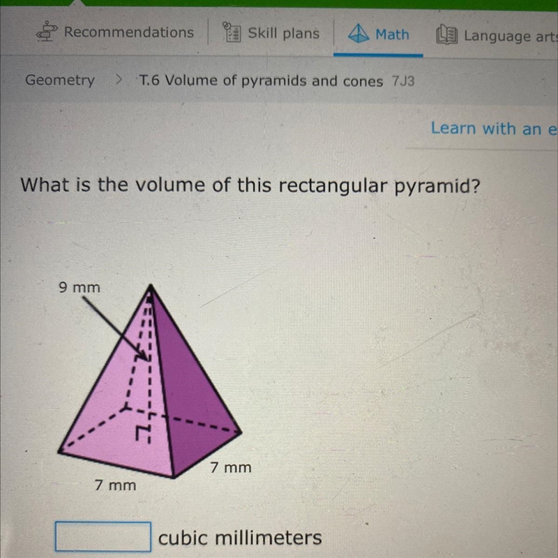 What is the volume of this rectangular pyramid? 9 mm 7 mm 7 mm-example-1