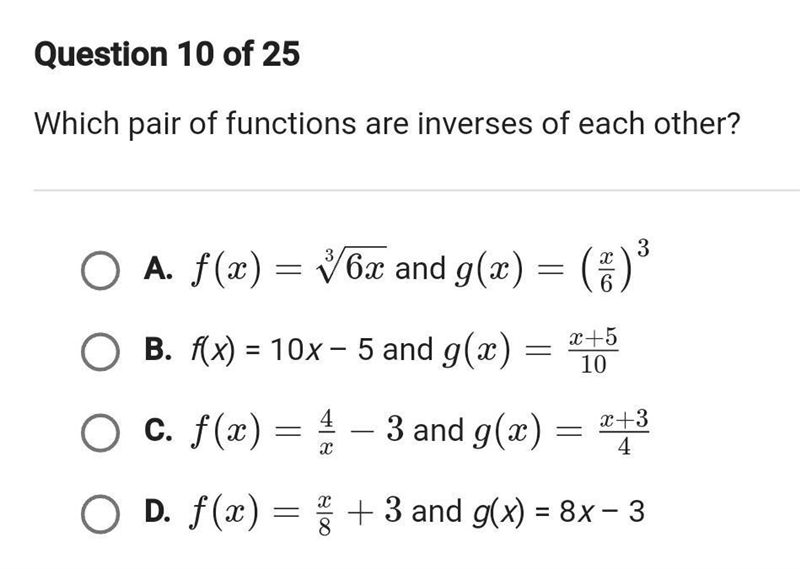 Which pair of functions are inverses of each other? ￼ A. f(x) = \sqrt[3]{{6x}}f(x-example-1