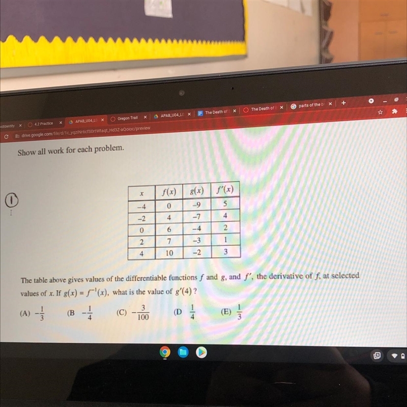 The table above gives values of the differentiable functions f and g, and f', the-example-1