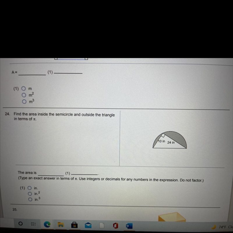 Find the area inside the semicircle and out side the triangle in terms of ń-example-1