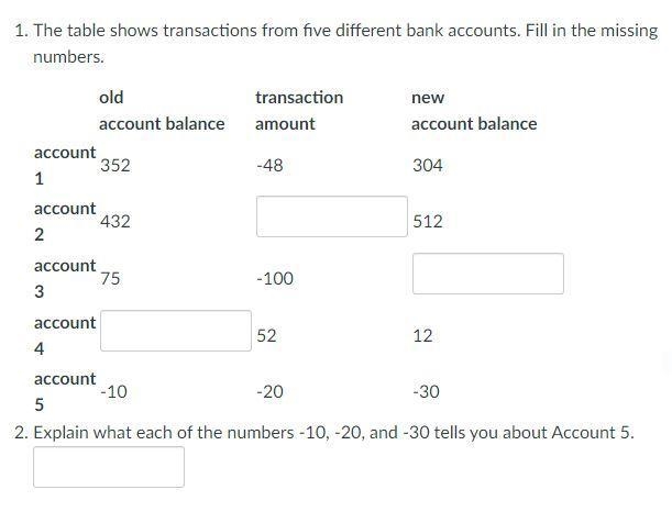 The table shows transactions from five different bank accounts. fill in the missing-example-1