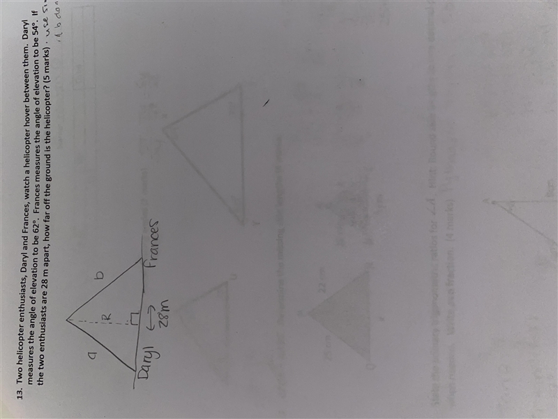 Daryl measures the angle of elevation to be 62 degrees. Frances measures the angle-example-1