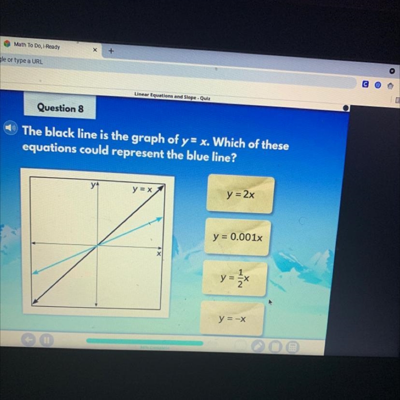 The black line is a graph of y=x. Which of these equations could represent the blue-example-1