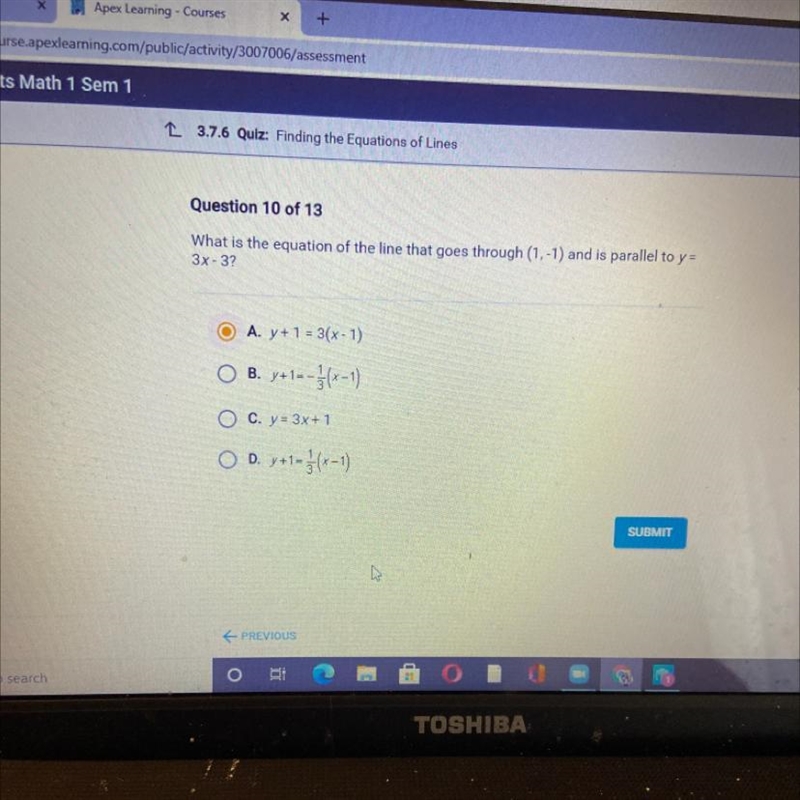 100 points What is the equation of the line that goes through (1,-1) and is parallel-example-1