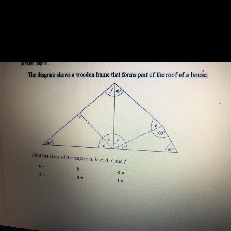 Missing angles The diagram shows a wooden frame that forms part of the roof of a house-example-1