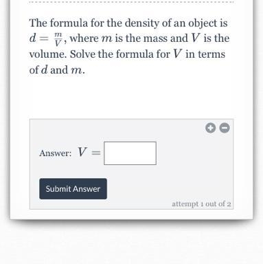 Solve the formula for V in terms of d and m-example-1