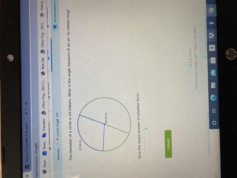 The diameter of a circle is 10 meters what is the angle of an arc 3pie meters long-example-1