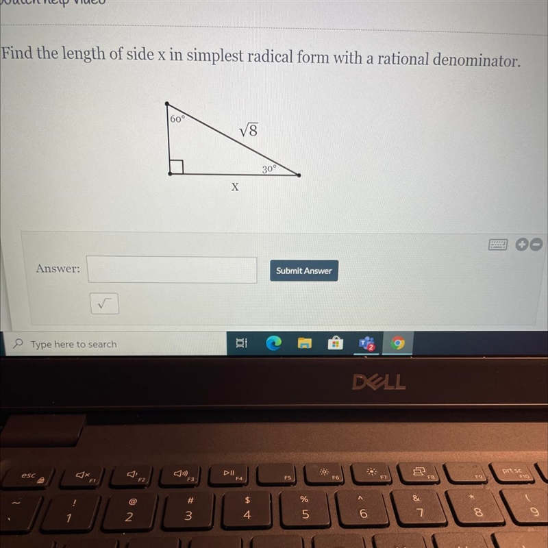 Find the length of side x in simplest radical form with a rational denominator.-example-1