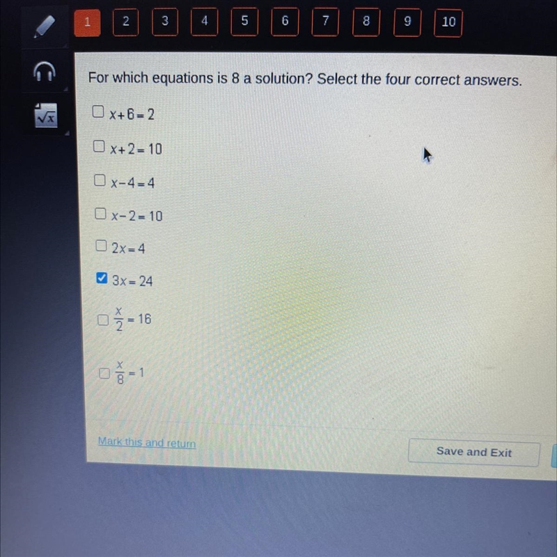 For which equations is 8 a solution? Select the four correct answers. OX+6 - 2 Ox-example-1