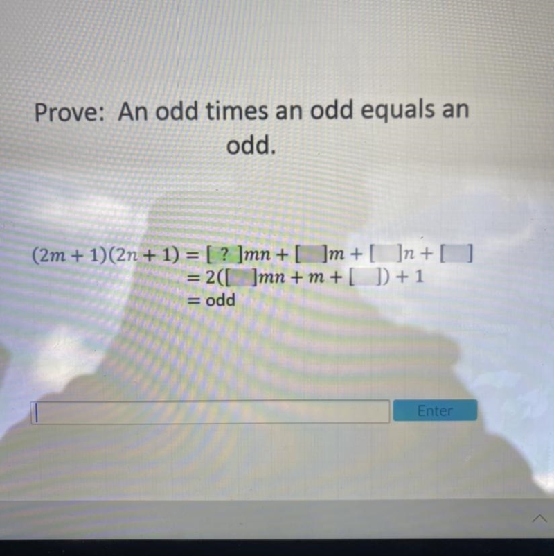 Prove: An odd times an odd equals an odd.-example-1