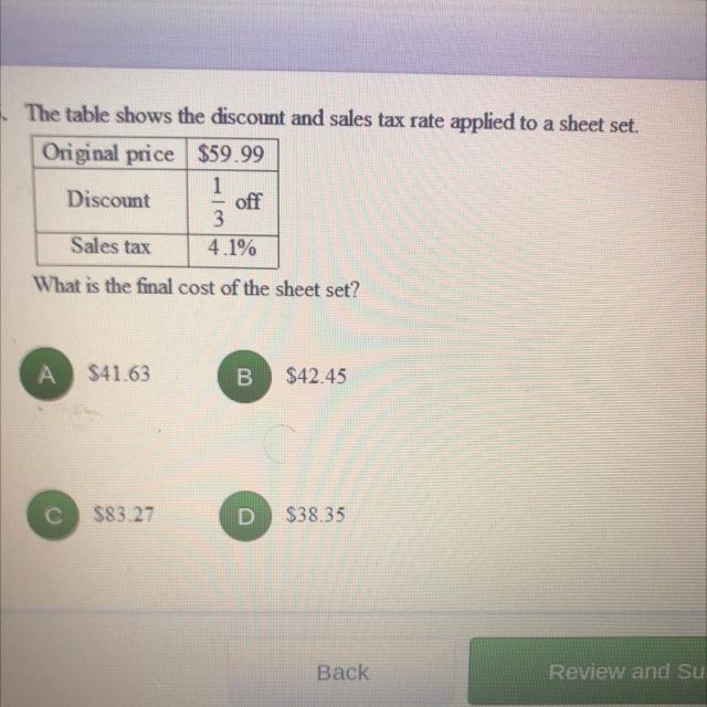 The table shows the discount and sales tax rate applied to a sheet set Original price-example-1