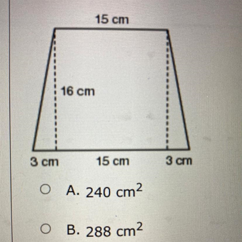 Find the area of this trapezoid. A. 240 cm2 B. 288 cm2 C. 312 cm2 D. 336 cm2-example-1