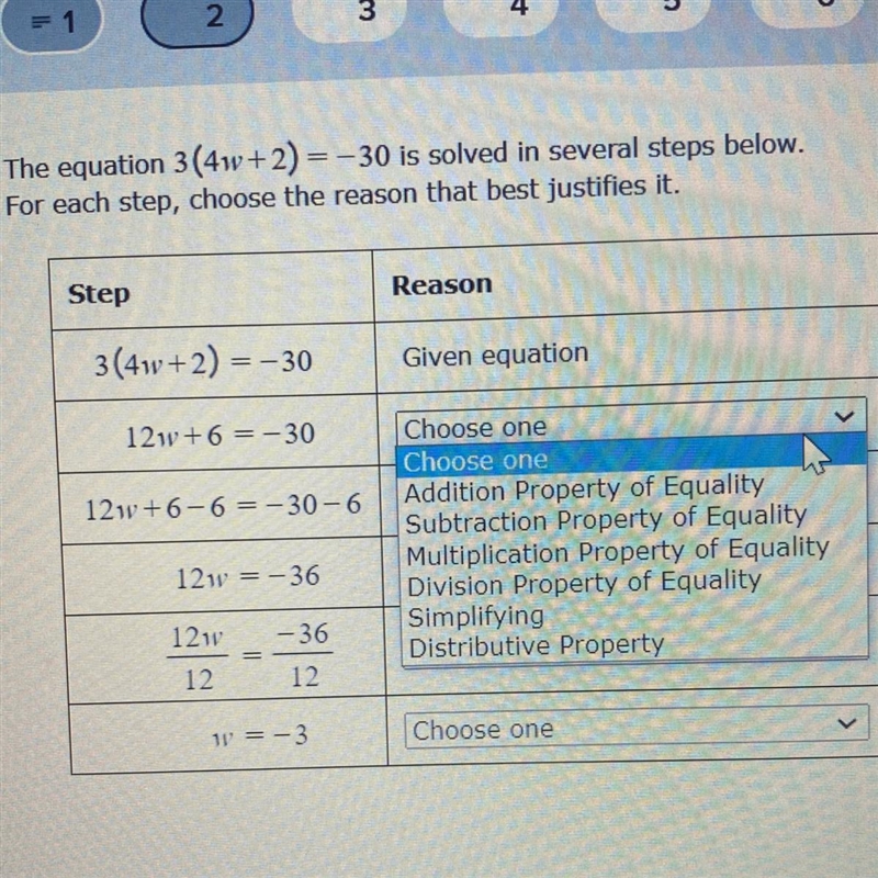 The equation 3(4w+2) = -30 is solved in several steps below. For each step, choose-example-1