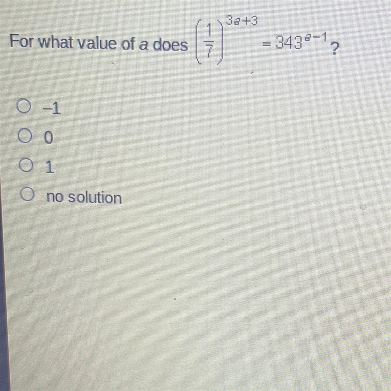 For what value of a does (1/7)^3a+3=343^a-1-example-1